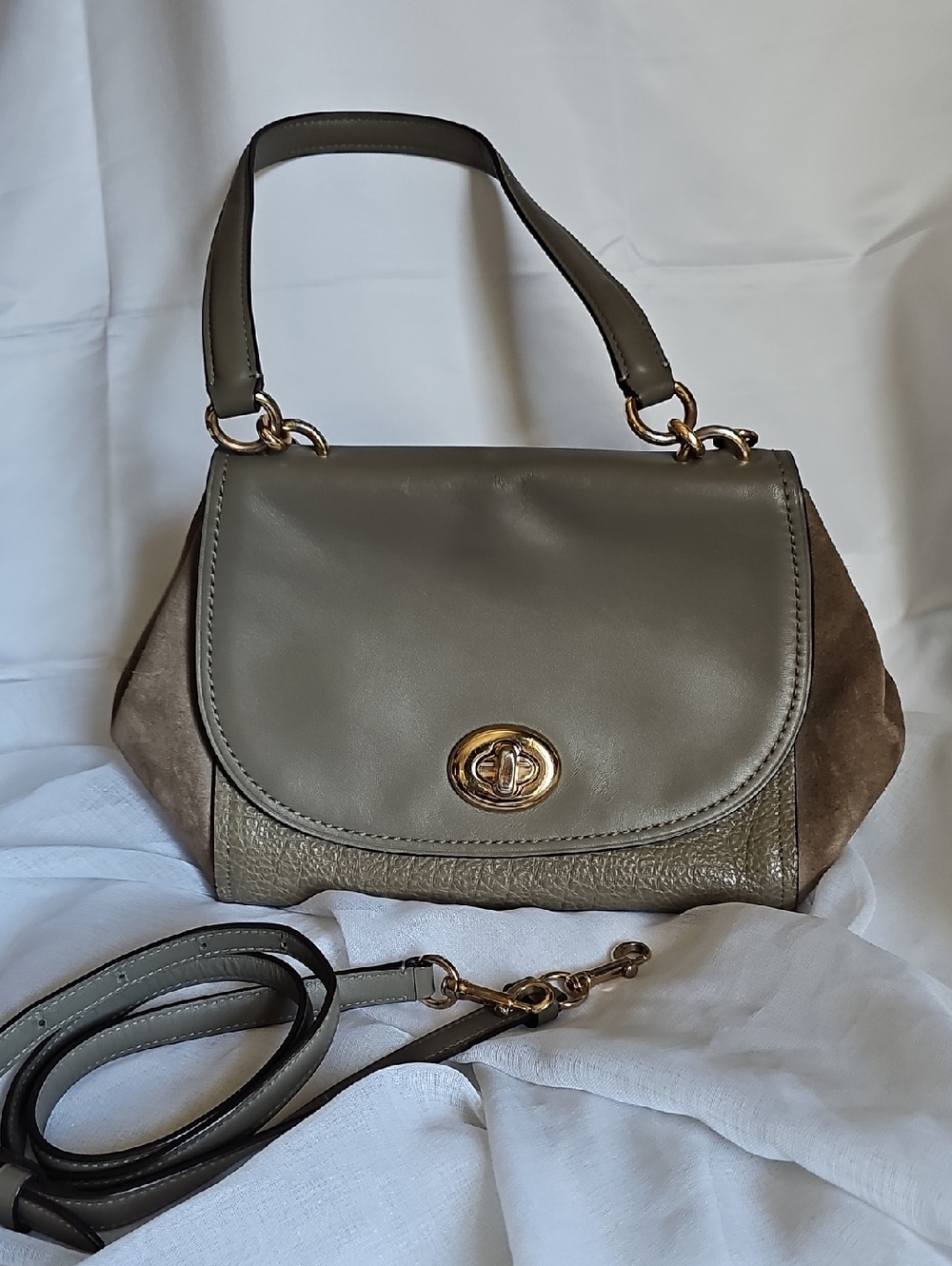 Olive Green Leather & Suede Shoulder Bag with Gold Turn-Lock Closure